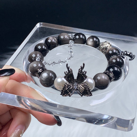 12mm Silver Obsidian/Pearl Crystal Bracelet