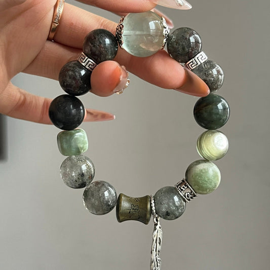 Green Mica/ Green Phantom/Green Fluorite/Serpentine jade Crystal Bracelet