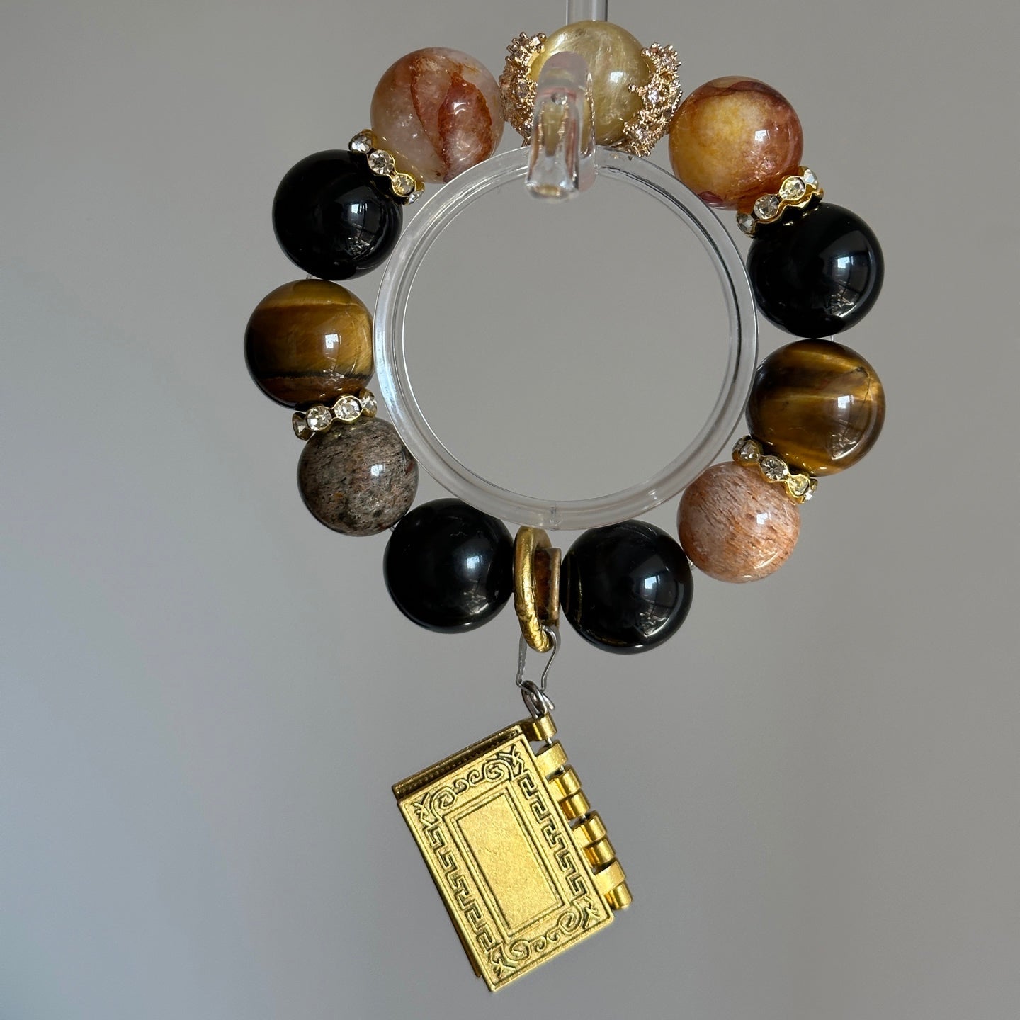 14mm Golden Lepidolite/Red Hematoid Quartz/Yellow Tigerite/Silver Obsidian/Thousand Layer Phantom Crystal Bracelet