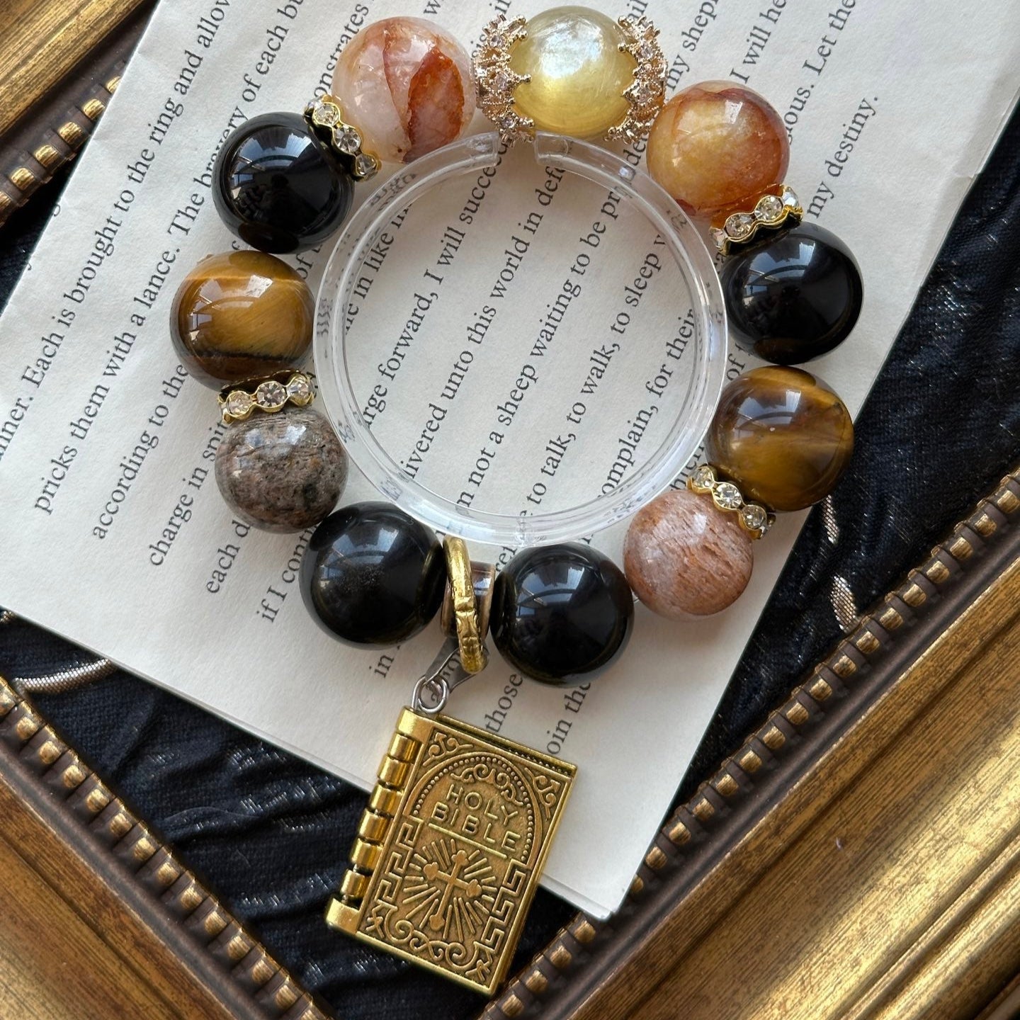 14mm Golden Lepidolite/Red Hematoid Quartz/Yellow Tigerite/Silver Obsidian/Thousand Layer Phantom Crystal Bracelet