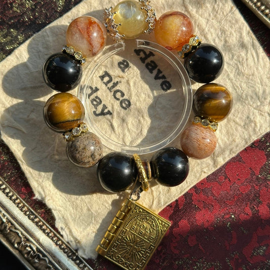 14mm Golden Lepidolite/Red Hematoid Quartz/Yellow Tigerite/Silver Obsidian/Thousand Layer Phantom Crystal Bracelet