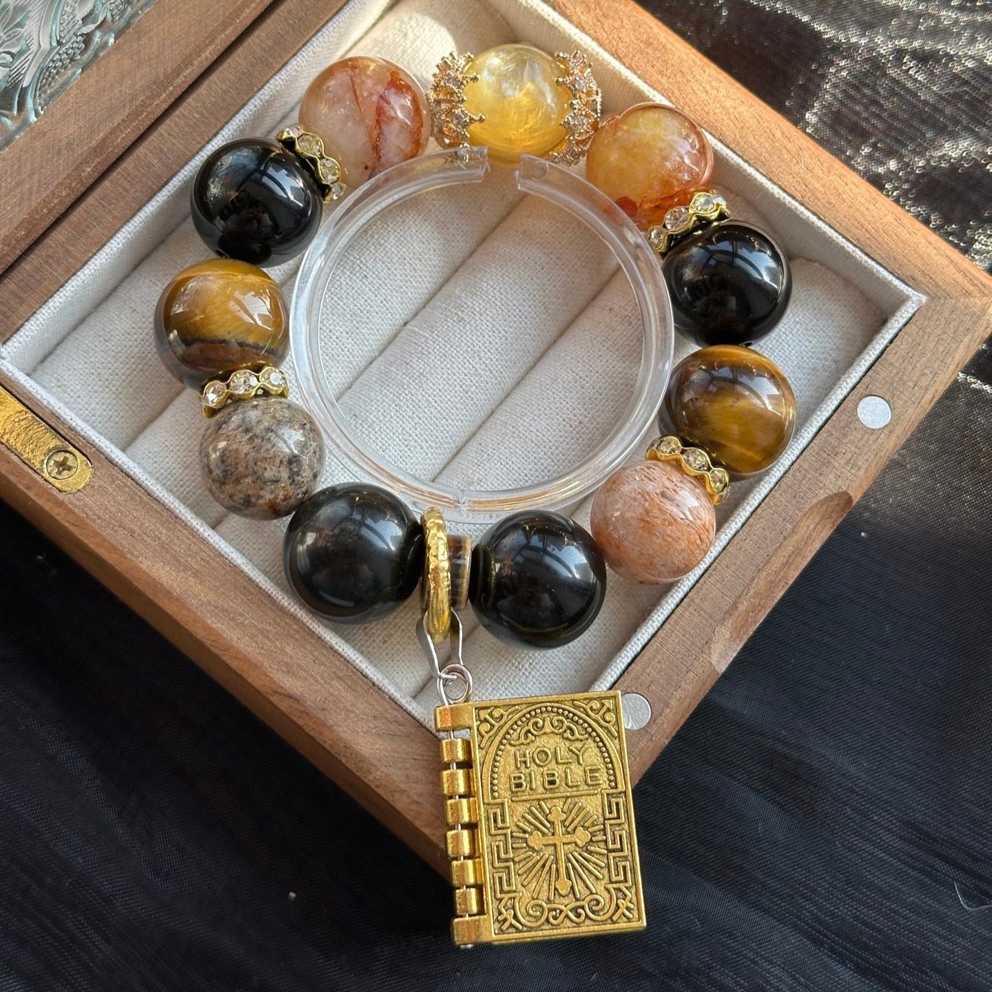 14mm Golden Lepidolite/Red Hematoid Quartz/Yellow Tigerite/Silver Obsidian/Thousand Layer Phantom Crystal Bracelet