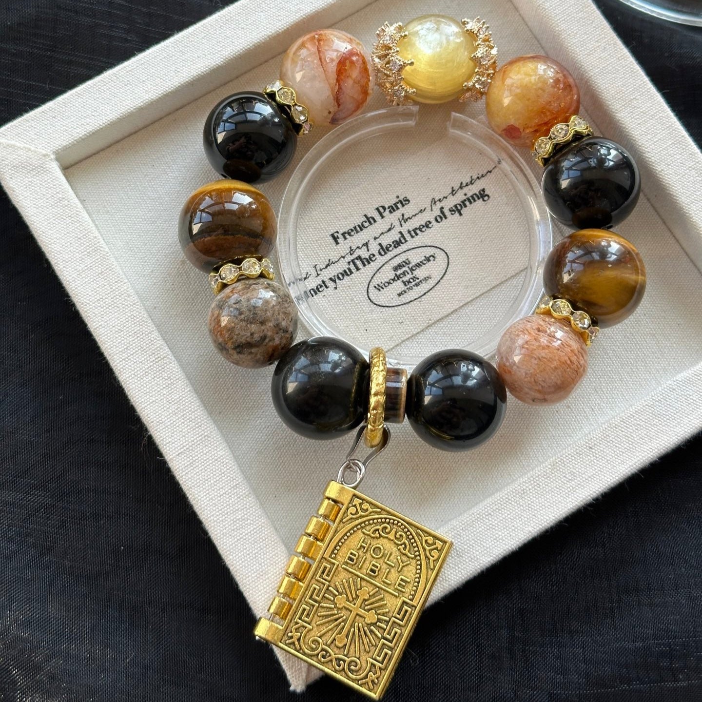 14mm Golden Lepidolite/Red Hematoid Quartz/Yellow Tigerite/Silver Obsidian/Thousand Layer Phantom Crystal Bracelet