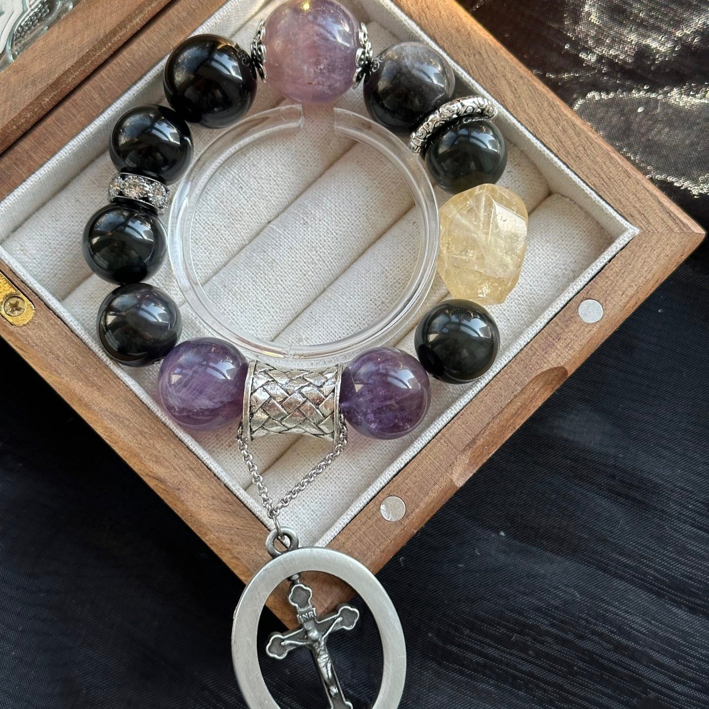 15.5-20mm Silver Obsidian/Citrine/Fluorite Crystal Bracelet