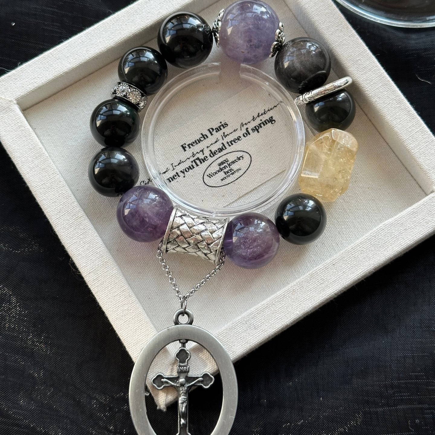 15.5-20mm Silver Obsidian/Citrine/Fluorite Crystal Bracelet