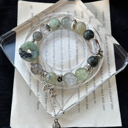 10-12mm Green Phantom/Serpentine jade/Labradorite/Prehnite/Hawk's Eye Quartz Crystal Bracelet