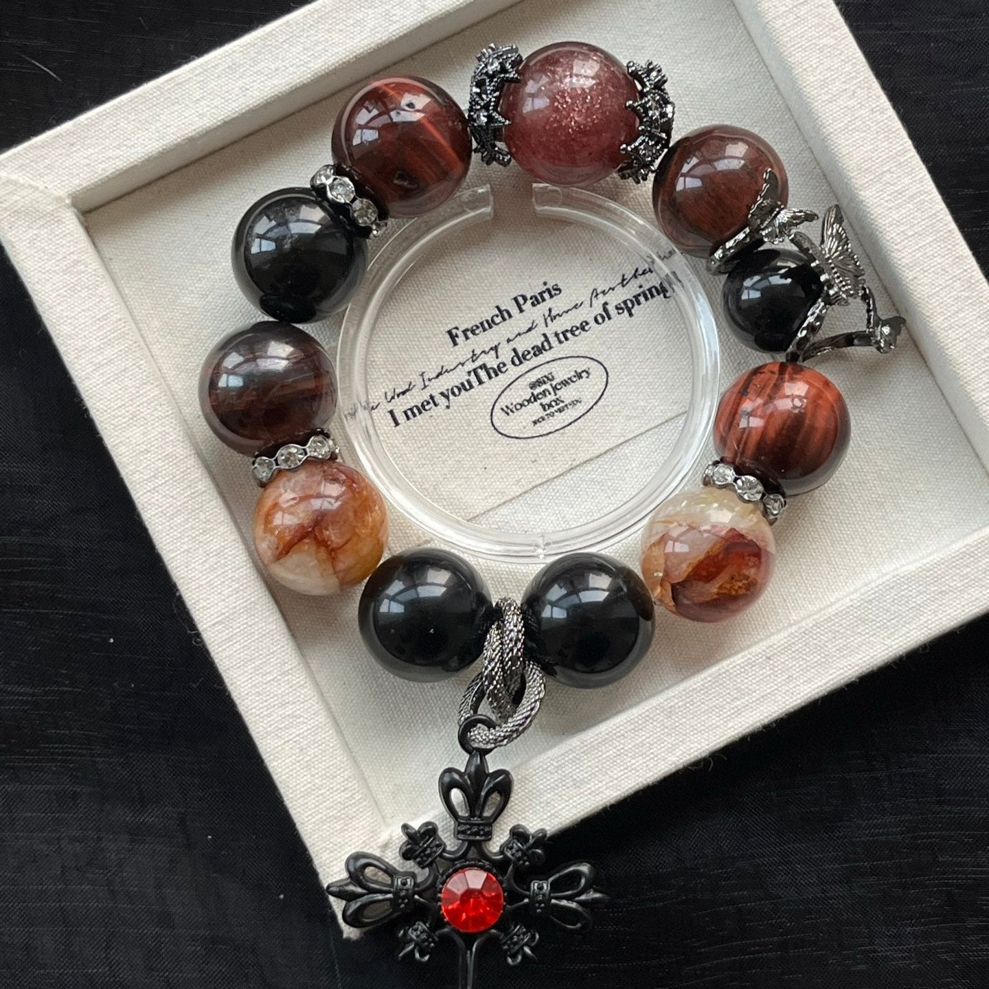 18-19mm Strawberry Quartz/Red Hematoid Quartz/Dragon's Eye/Obsidian Crystal Bracelet