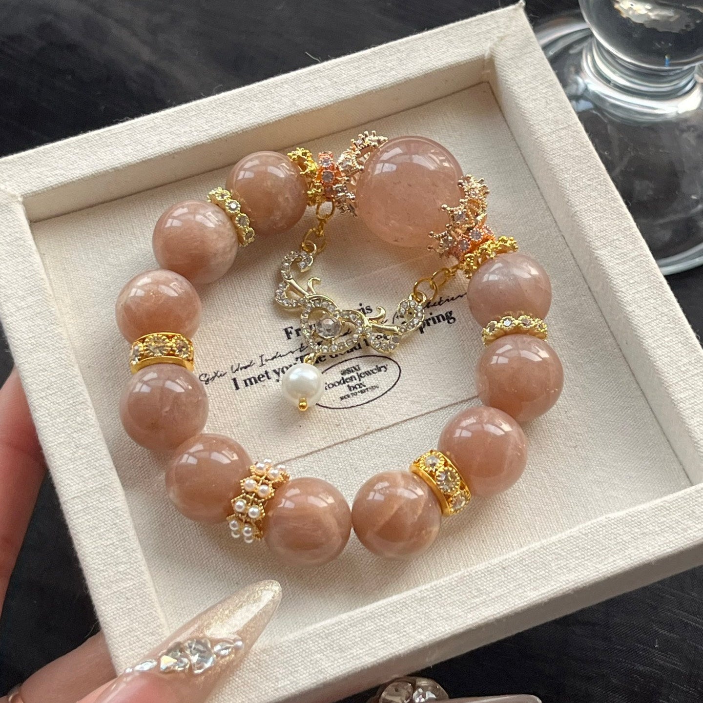 15-20mm Orange Moon Stone/Strawberry Quartz Crystal Bracelet