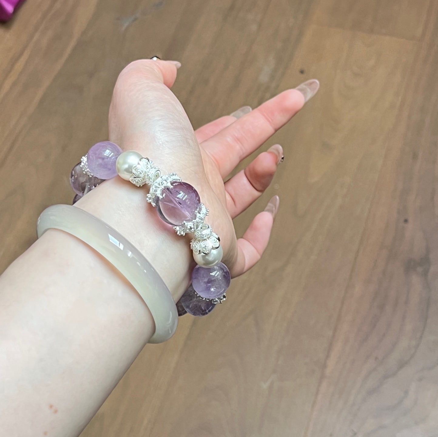 14mm Amethyst/Pearl Crystal Bracelet