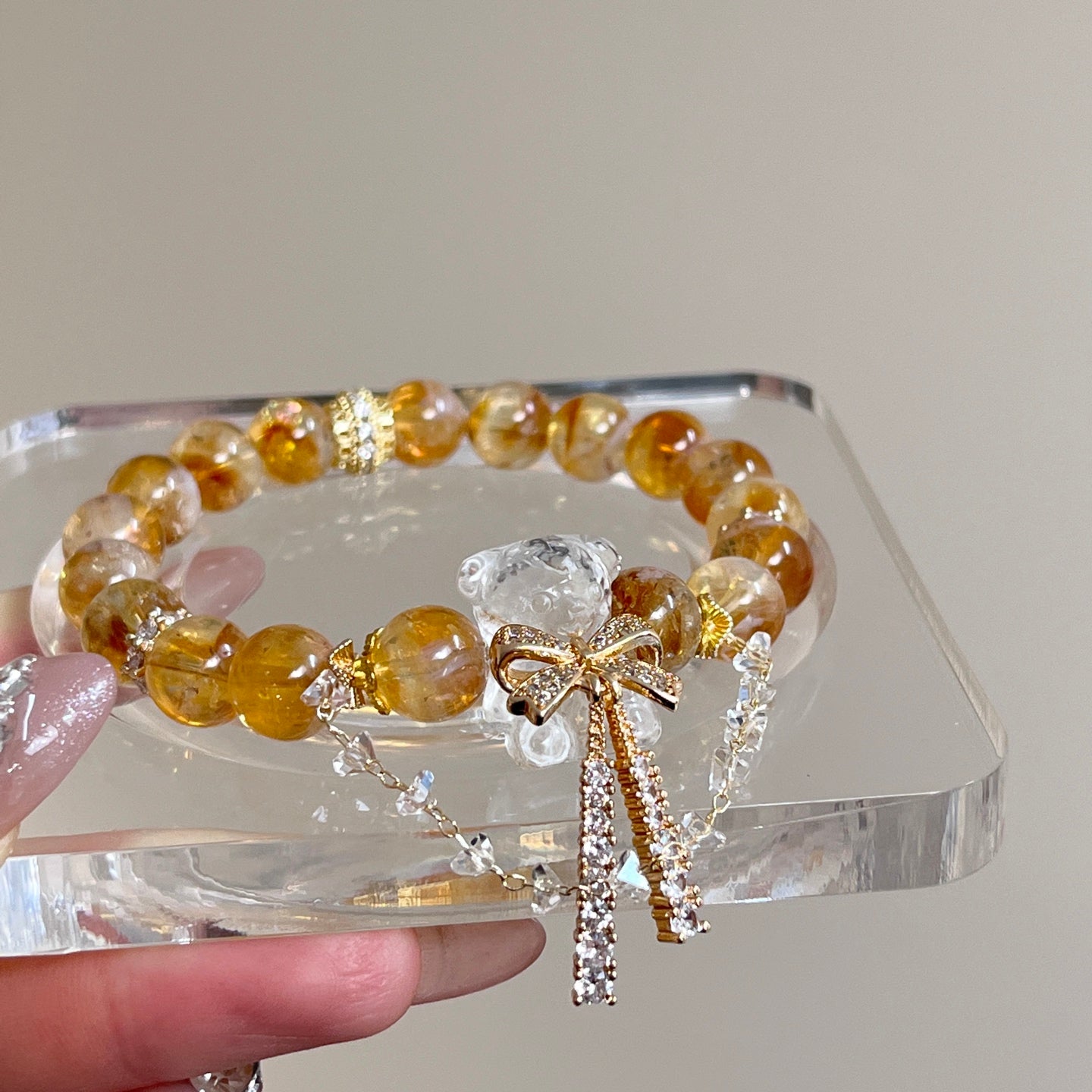 7-8mm Clear Quartz Bear/Citrine Crystal Bracelet