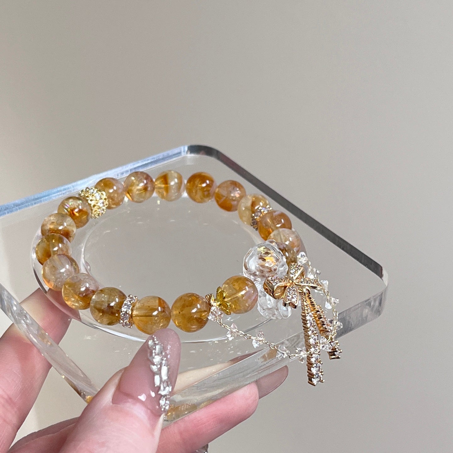 7-8mm Clear Quartz Bear/Citrine Crystal Bracelet