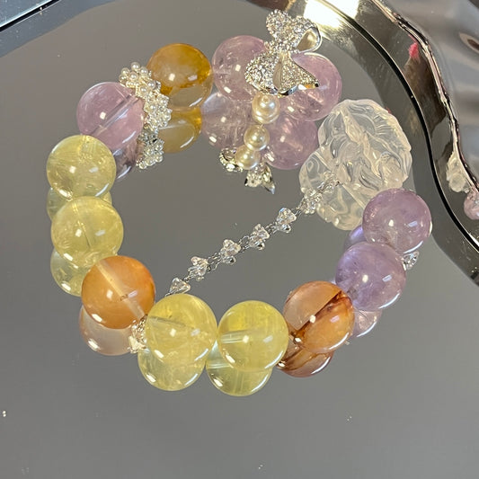 14mm Yellow Hematoid Quartz/Bolivia Lavender Amethyst/Citrine Crystal Bracelet