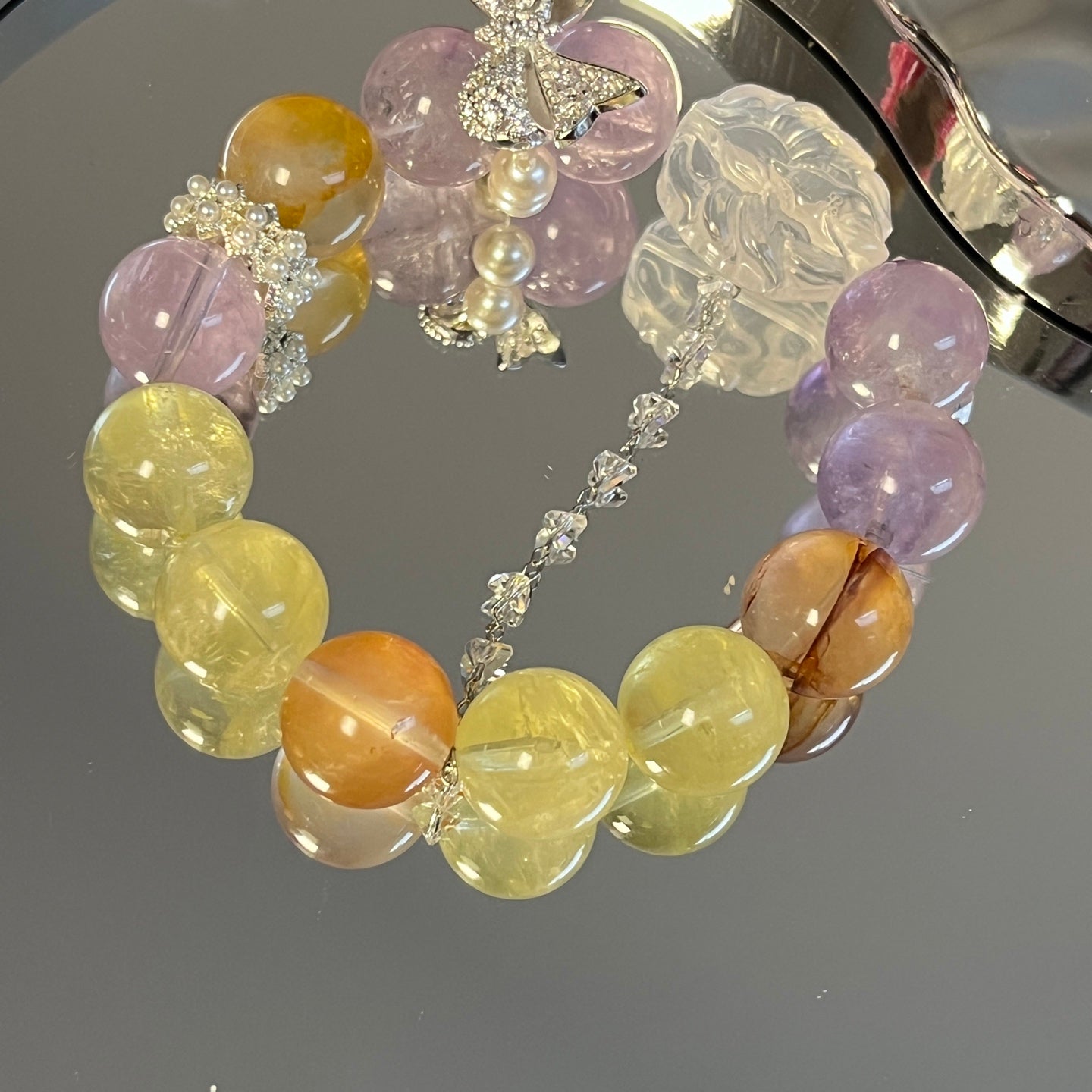 14mm Yellow Hematoid Quartz/Bolivia Lavender Amethyst/Citrine Crystal Bracelet