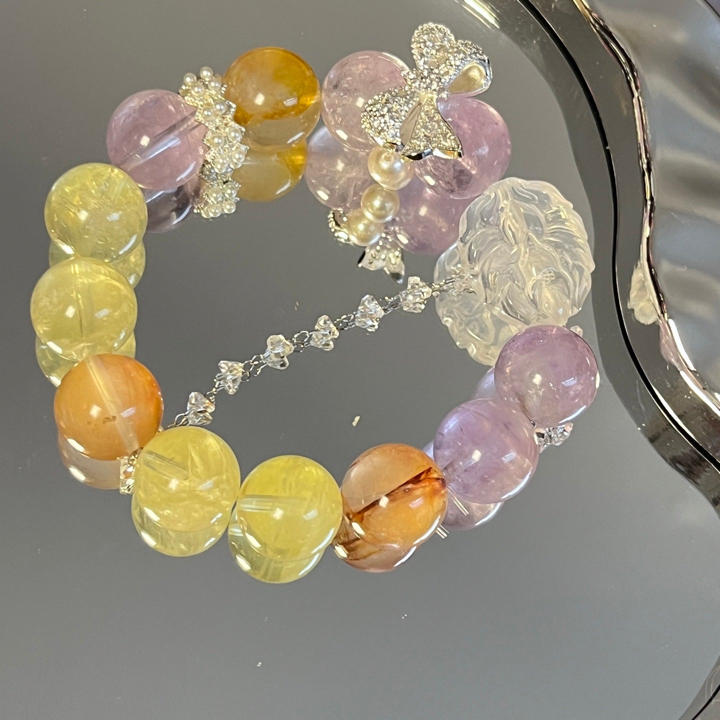 14mm Yellow Hematoid Quartz/Bolivia Lavender Amethyst/Citrine Crystal Bracelet