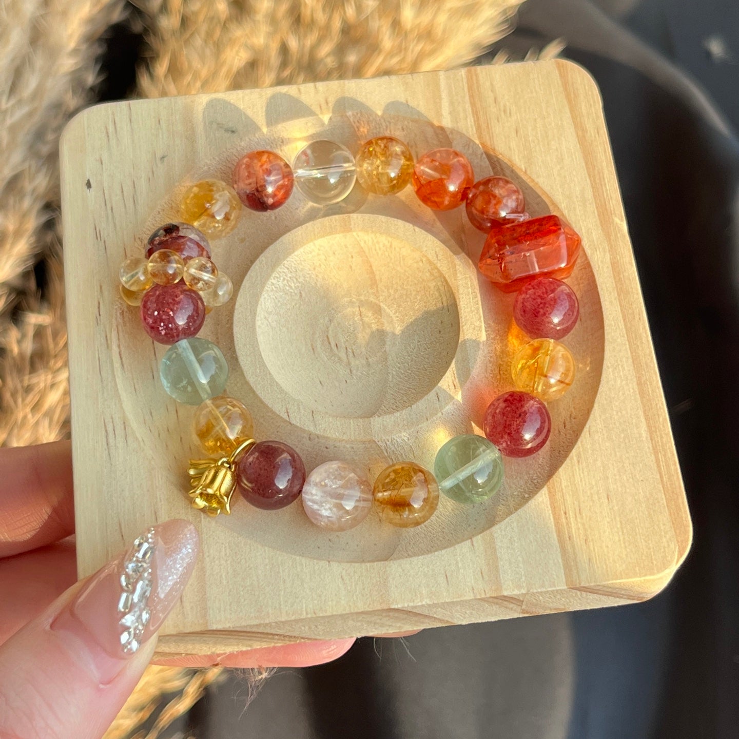 10-11mm Strawberry Quartz/Red Hematoid Quartz/Citrine/Green Fluorite/Clear Quartz Crystal Bracelet