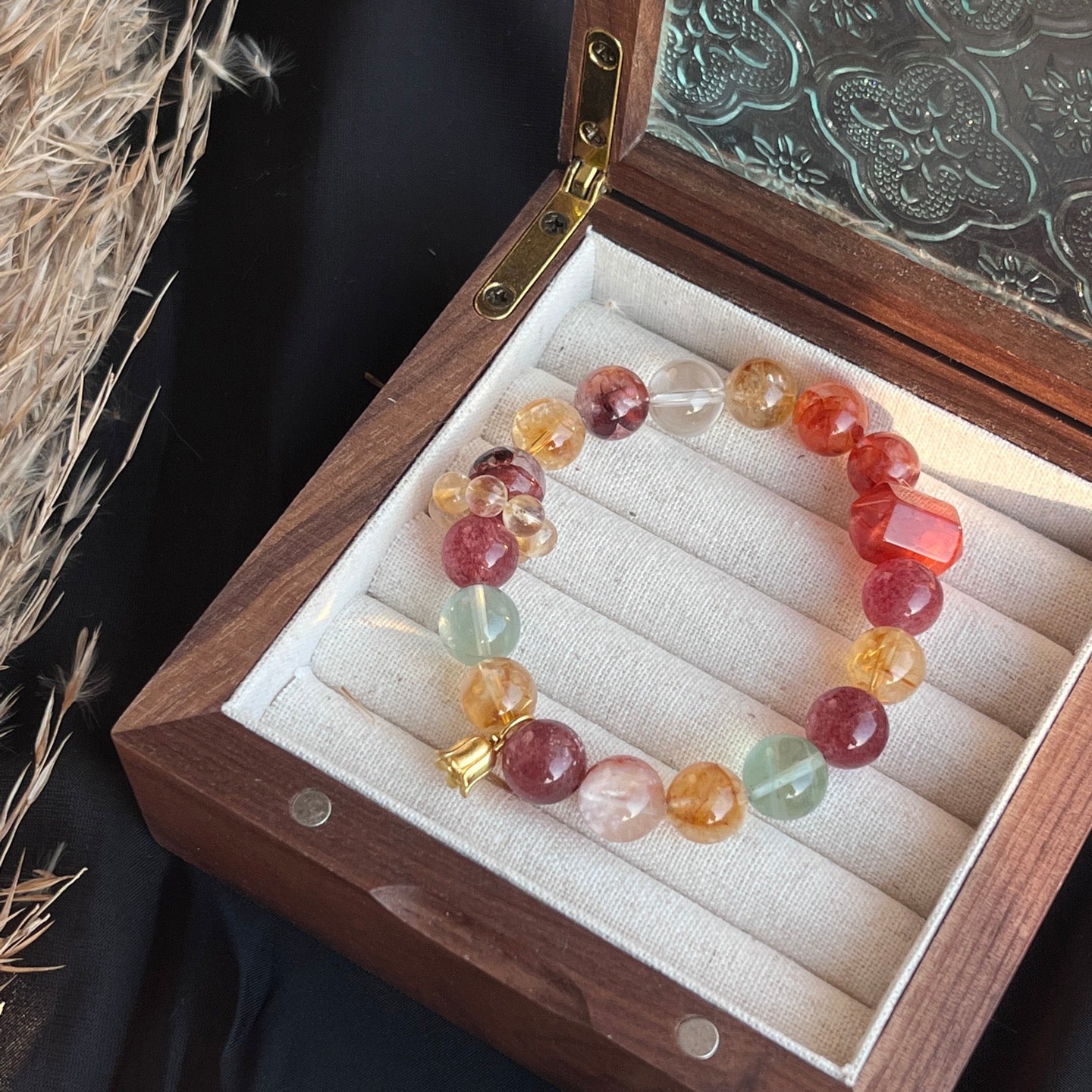 10-11mm Strawberry Quartz/Red Hematoid Quartz/Citrine/Green Fluorite/Clear Quartz Crystal Bracelet