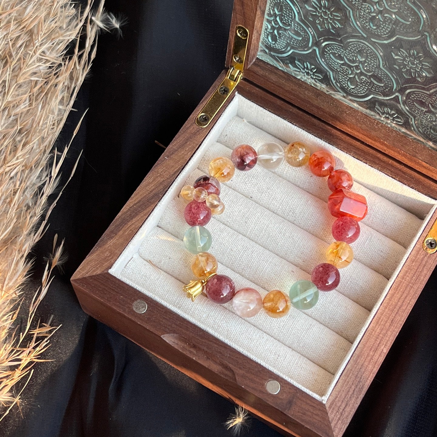 10-11mm Strawberry Quartz/Red Hematoid Quartz/Citrine/Green Fluorite/Clear Quartz Crystal Bracelet