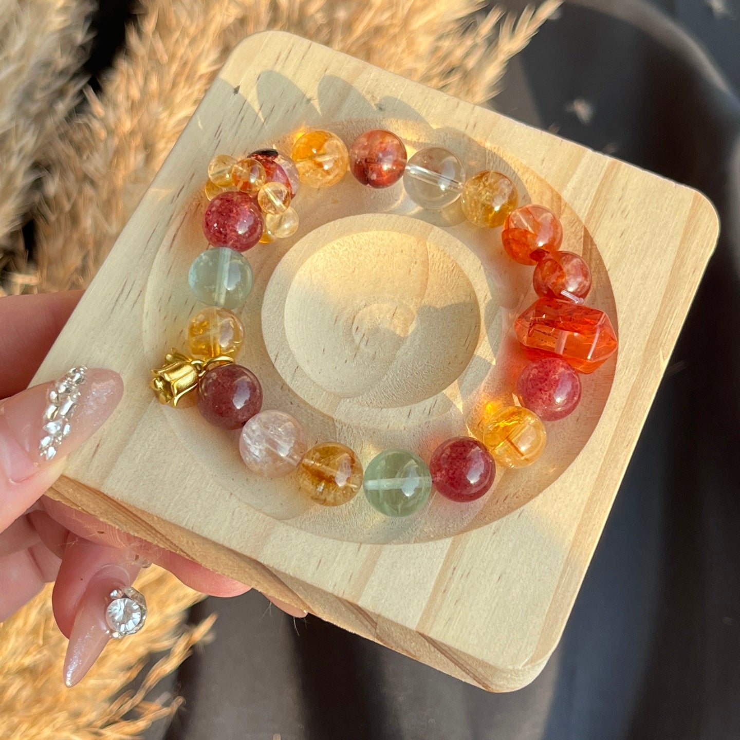 10-11mm Strawberry Quartz/Red Hematoid Quartz/Citrine/Green Fluorite/Clear Quartz Crystal Bracelet