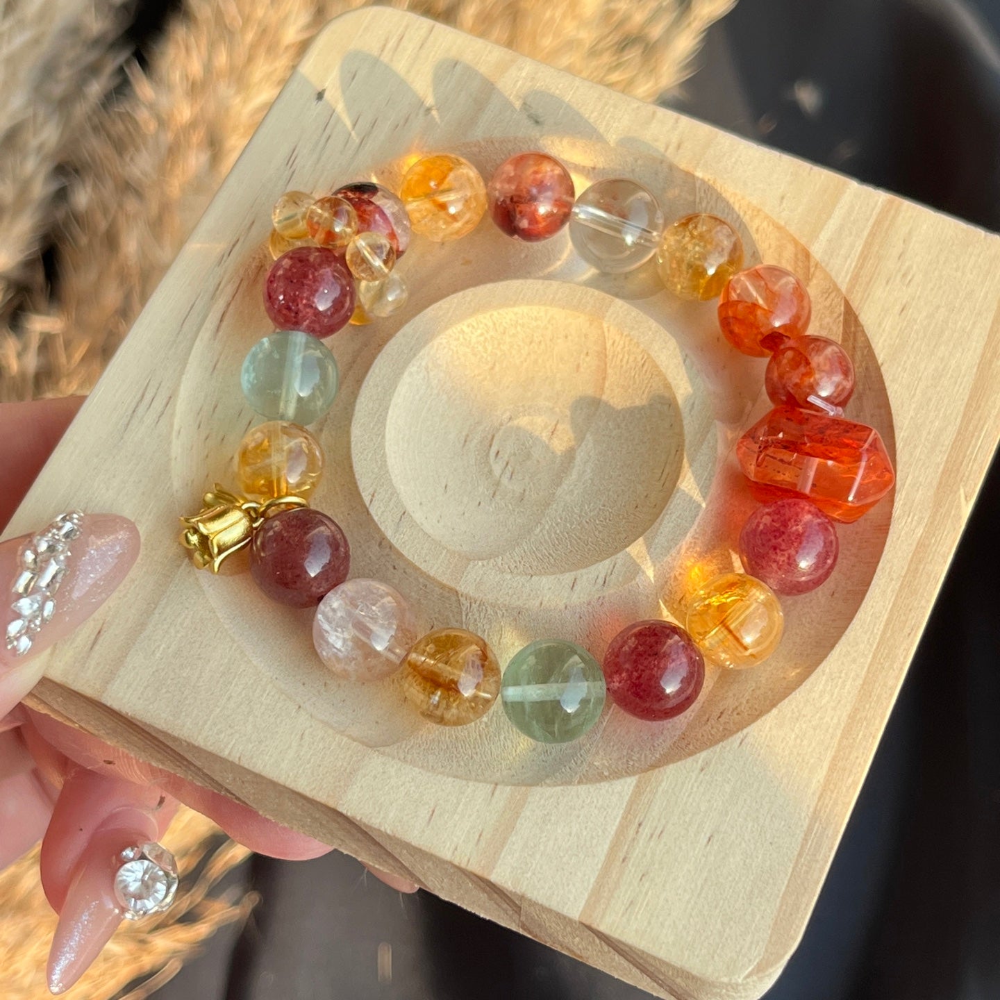 10-11mm Strawberry Quartz/Red Hematoid Quartz/Citrine/Green Fluorite/Clear Quartz Crystal Bracelet